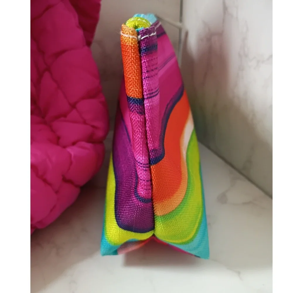 Hot Pink Quilted Puffer Hobo Bag & Clinque Striped Cosmetic Bag